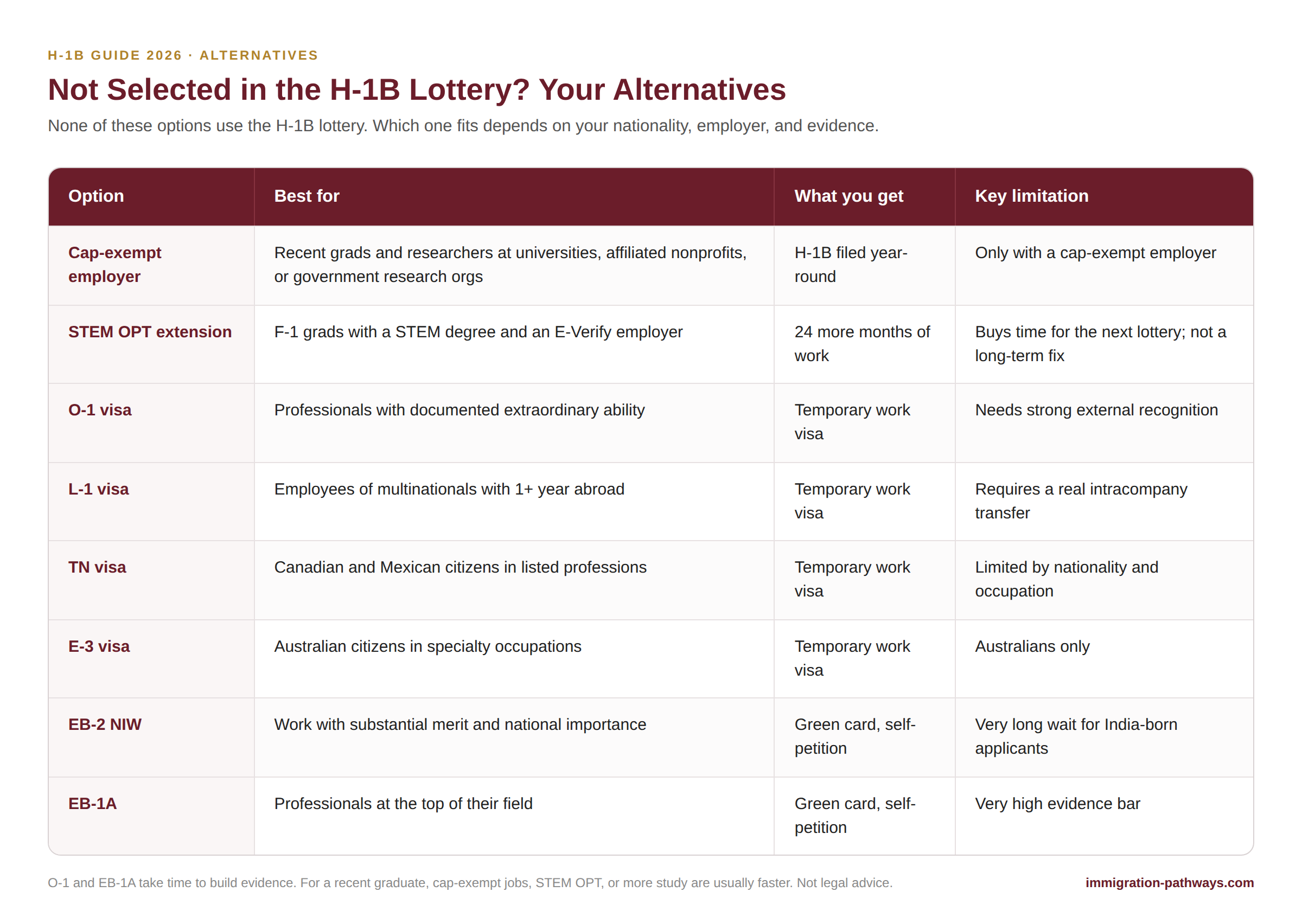 Alternatives if not selected in the H-1B lottery: cap-exempt employers, STEM OPT, O-1, L-1, TN, E-3, EB-2 NIW and EB-1A.